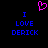 A static pixel art image with a black background, blue text reading "I LOVE DERICK" in two identical vertical , and a pink heart symbol above the left