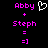 Pixelated text and symbols on black background: 'Abby' in pink, plus sign, 'Steph', equals sign, '=]' with a white heart symbol above the first 'Abby'.