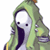 Pixelated green hooded figure with white face, black eyes, and dark open mouth against transparent background.