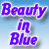 Pixelated buddy icon featuring purple text 'Beauty in Blue' on left and a cartoon woman with blue hair on right against light blue gradient background.