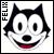 Pixelated cartoon cat face with black ears, white muzzle, and red mouth against a light background.