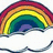 Pixelated rainbow arch over white clouds with Spanish text labels for colors on a white background.