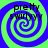 Four identical spiral patterns with alternating blue and green colors, each containing the text "pretty swirlyyy" in black font.