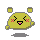 Pixelated yellow character with pink blush marks, black eyes closed in a smile, and pink mouth; four variations show arm positions changing between left and right.