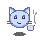 Pixelated blue cat head with white inner ears, black eyes, pink cheeks, and gray whiskers; holds a cigarette with smoke in one pose, mouth open in another.
