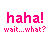 A contact sheet of 18 animated frames showing a pixelated text-based icon with alternating pink and blue 'haha!' text above smaller gray 'wait...what?' text, each frame featuring small heart symbols in different positions.