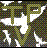 Pixelated static image with green and dark brown checkered patterns, white spaces forming irregular shapes, scattered yellow and pink pixels.