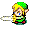 Pixel art character with green hat and tunic, yellow hair, blue eyes; multiple poses show sword swing animation with white motion trails.