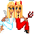 Pixel art buddy icon showing two identical blonde women side-by-side, one as an angel with white wings and halo, the other as a devil with red horns and pitchfork, both in 8-bit style on gray background.