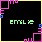 Pixelated green text 'EMILIE' on black background with pink and blue square border elements in a