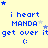 Blue text on yellow background with repeated 'i heart MANDA get over it :(' and star positions changing across frames.