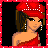 Pixel art contact sheet of a red-dressed female character in four frames showing different poses and angles with a red dotted border.