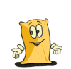 Yellow cartoon character with green eyes and red mouth in multiple poses on gray background.