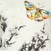 A colorful butterfly with multicolored wings flies above black ink brushstrokes on a light background.