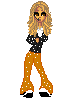 Pixel art of a blonde woman in orange polka-dot pants and black shoes, shown in three poses with varying top and accessory details.