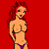Pixelated female figure with red hair in purple bikini bottom against red background, showing three distinct facial expressions and one pose variation.