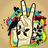 A hand making a peace sign with colorful splatter effects on the left, a grayscale heart shape in the center, and a yellow smiley face on the right.