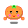 Pixelated orange character with green stem, pink cheeks, and orange limbs in four variations showing facial expressions and small black symbols.