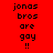 Red background with pixelated text 'jonas bros are gay !!' in four identical , each with a central glowing effect