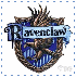 Ravenclaw house crest with blue and brown shield, striped background, and banner reading 'Ravenclaw' in stylized font.