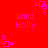 Red background with repeating pink text 'Lara Holly' and small square patterns in corners.