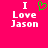 A bright pink background displays two identical text blocks with white pixelated text reading "I Love Jason" and a green pixelated heart symbol replacing the word "Love" in the left block.