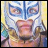 Pixelated static icon of a cartoon character with blue mask-like markings, pinkish skin tone, and yellow background elements.