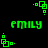 Green pixelated text 'emily' appears in four positions on a black background, surrounded by small green square and dot animations.
