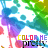Colorful abstract splatter pattern with rainbow text 'COLOR ME' and black text 'press' on white background.