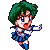 Pixel art character with green hair and blue sailor uniform in five sequential poses showing movement from left to right.