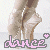 Pixelated animated buddy icon showing a person's legs in high heels with the word 'dance' and a plus symbol, alternating between two poses on a gray background.