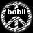 A static icon with a black background featuring a white peace symbol outline and the text 'babii' in bold lowercase letters.