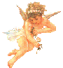 A cherub with curly brown hair and a white floral crown holds a small bouquet of flowers while flying against a gray background.