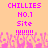 Pixelated pink text on peach background with repeated 'CHILLIES NO.1 Site !!!!!!!' and abstract floral shapes.