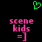 Green pixelated heart symbol above two identical pink text blocks reading 'scene kids =]' on black background.