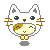 A 2x2 contact sheet of four pixel-art frames showing a white cat mascot with brown accents holding a smaller yellow-and-brown character, each frame displaying subtle eye and mouth expression changes.