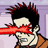 Pixelated character with spiky black hair, white face, and orange clothing emitting a red laser beam from the eyes against a light purple background.