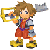 Pixel art character with brown hair, blue eyes, red overalls, gray shirt, purple straps, yellow boots holding a large golden key-shaped object and silver crown-like item.
