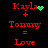 Red text on black background shows 'Kayla + Tommy = Love' with green pixelated symbols changing between two states.