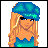 Pixel art buddy icon featuring a blonde woman with blue headwear and star accents, next to partial text on a light background.