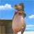 Pixelated cartoon character with large rounded body, red bow tie, and brown limbs stands against blue sky with white clouds.