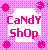 Pixelated static icon with pink background and white central rectangle displaying "Candy Shop" text in bright pink block letters, surrounded by four pink flower-like shapes at corners.