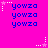 Bright pink background with blue 'yowza' text repeated in three per section, white and pink star-shaped sparkles scattered around the edges