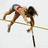 Pixelated figure in mid-air pose with limbs extended, wearing blue headpiece and red chest marking, holding a long horizontal pole.
