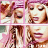 four showing a person with long blonde hair wearing a pink knitted headband and purple lipstick, with pink star and line graphics overlaying the image
