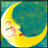 Animated yellow crescent moon with closed eyes and pink cheeks, holding a rainbow-colored arc against a teal background with blue and green gradients.