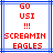 Red pixelated text reading 'GO USI !!! SCREAMIN EAGLES' inside a blue frame on white background