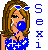 Pixelated image of a woman with brown hair wearing blue and white clothing, holding a blue object near her face.