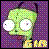 Pixelated green cartoon character with large white eyes, dark antennae, and yellow lower body against purple checkered background.