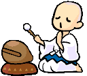 Animated contact sheet showing a bald cartoon monk in white robes with blue sash kneeling and striking a brown drum with a mallet across five frames.